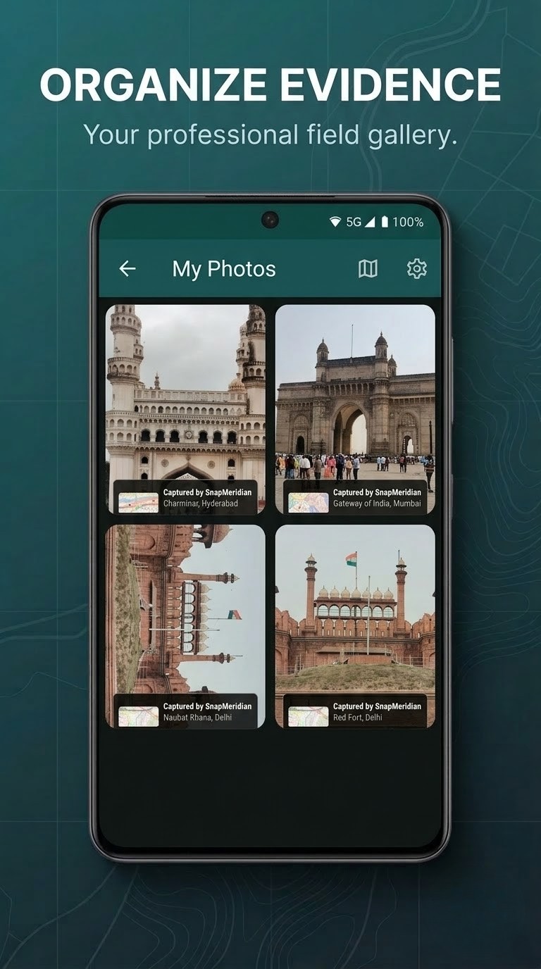 SnapMeridian gallery showing a grid of location-stamped photos